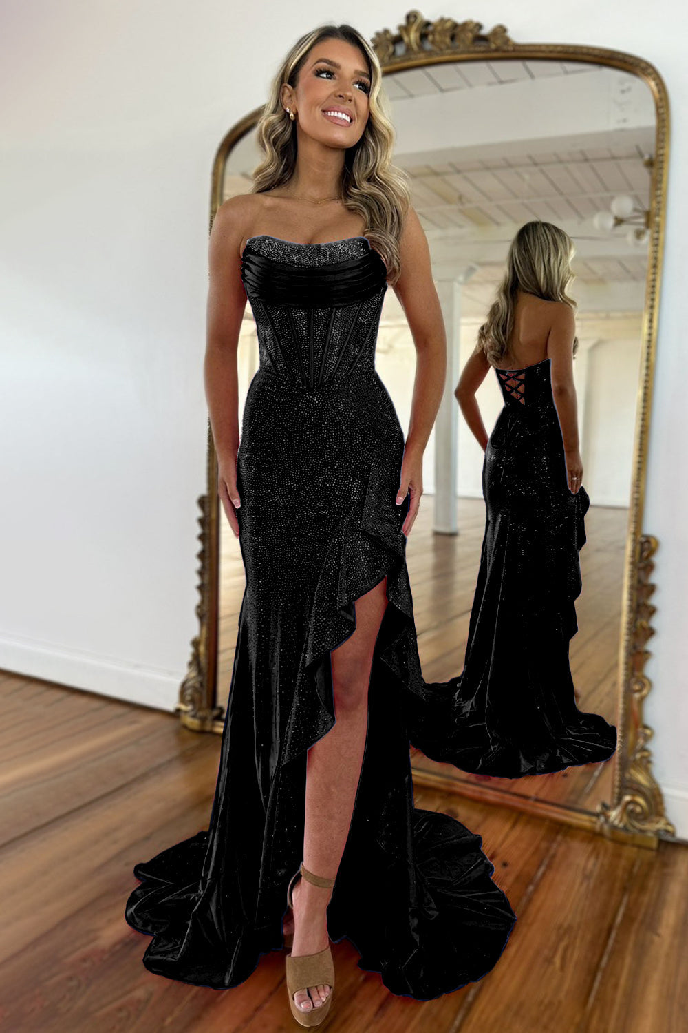 Orange Sparkly Mermaid Strapless Lace Up Long Beaded Prom Dress with Slit