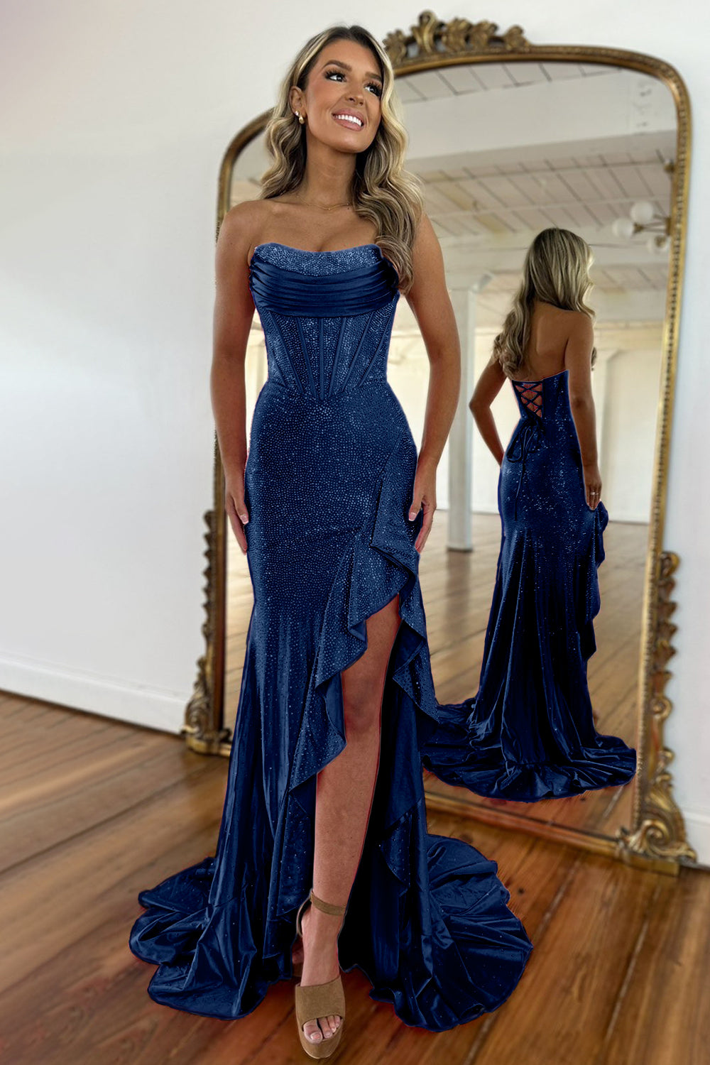 Orange Sparkly Mermaid Strapless Lace Up Long Beaded Prom Dress with Slit