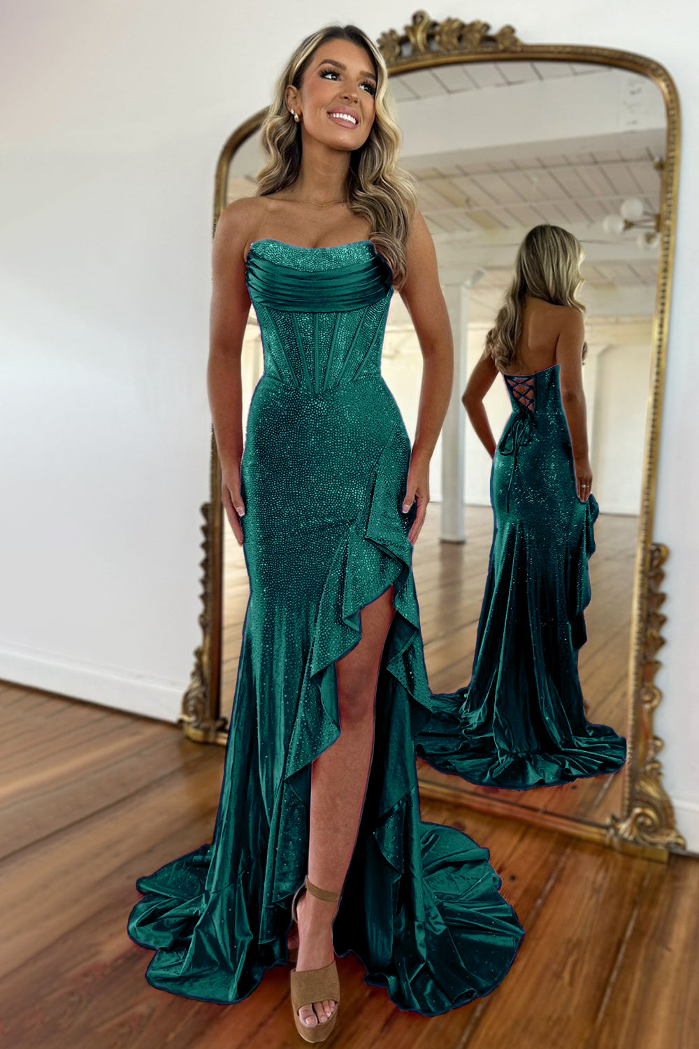 Orange Sparkly Mermaid Strapless Lace Up Long Beaded Prom Dress with Slit