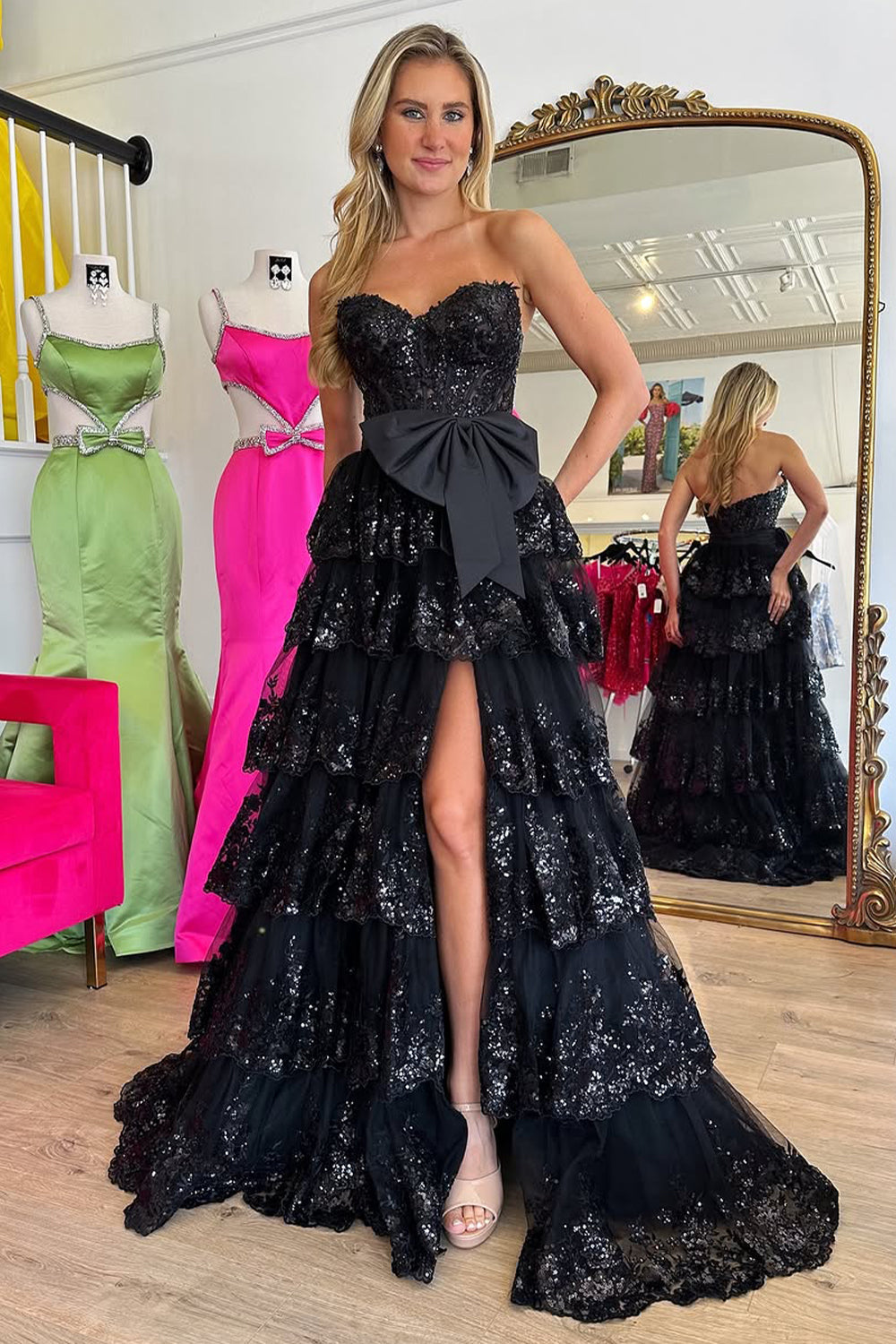 Sparkly Pink A-Line Sweetheart Long Tiered Sequin Prom Dress with Slit