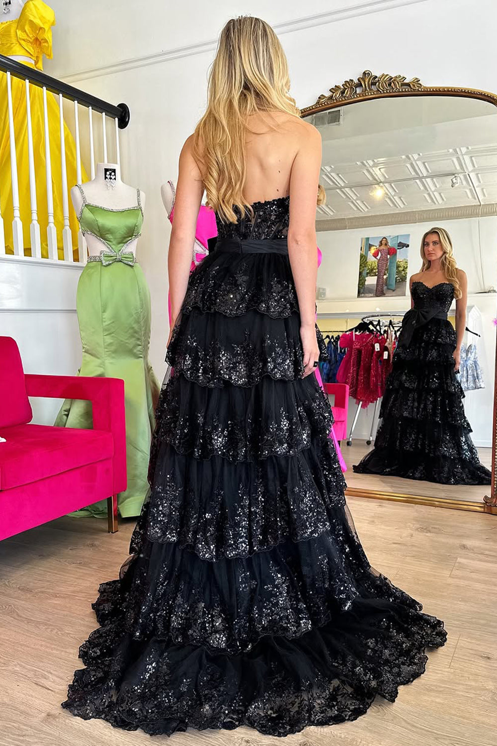 Sparkly Pink A-Line Sweetheart Long Tiered Sequin Prom Dress with Slit