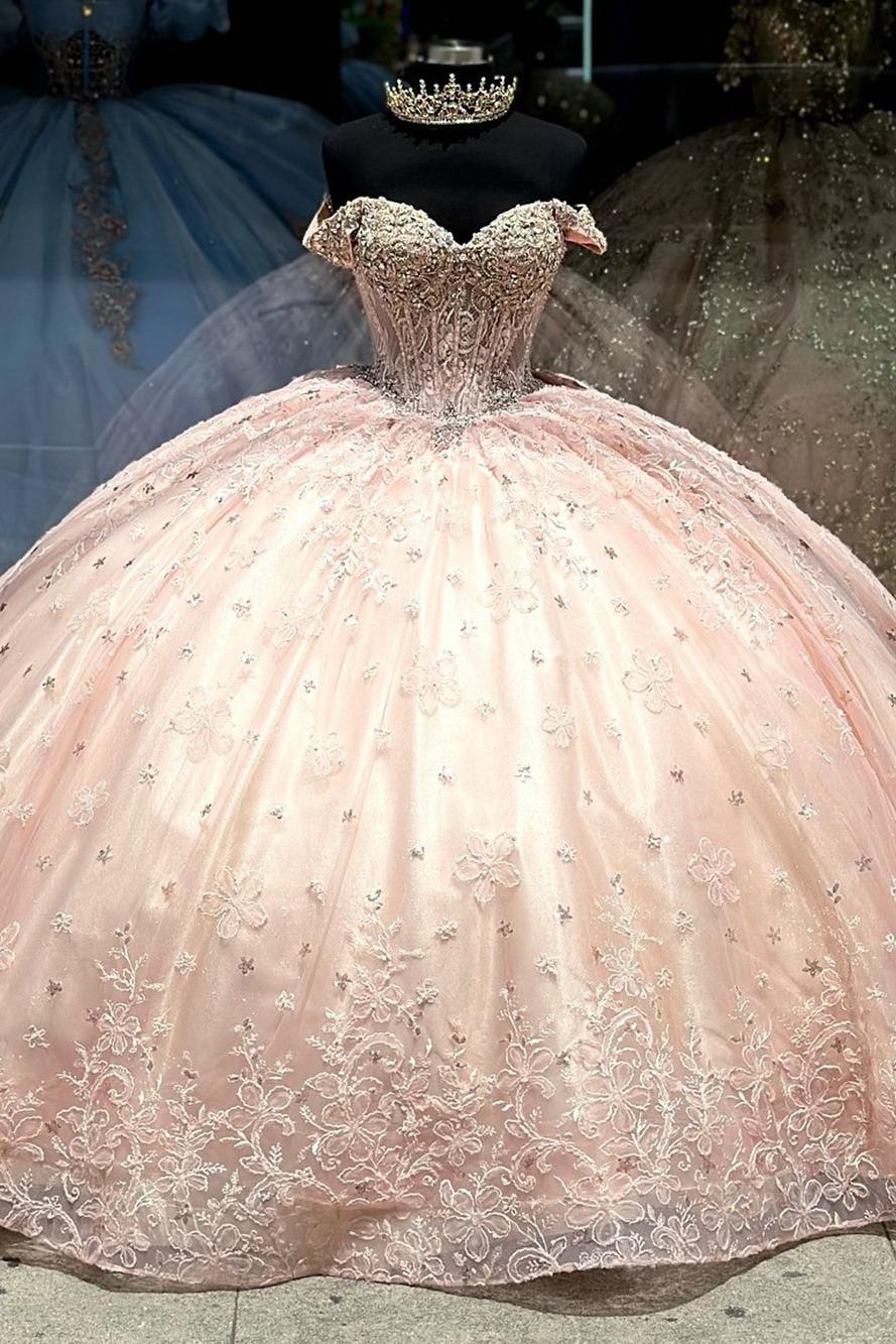 Luxury Ball Gown Off Shoulder 3D Floral Applique Beaded Pink Tulle Quinceanera Dress Princess Party Gown For Sweet 16