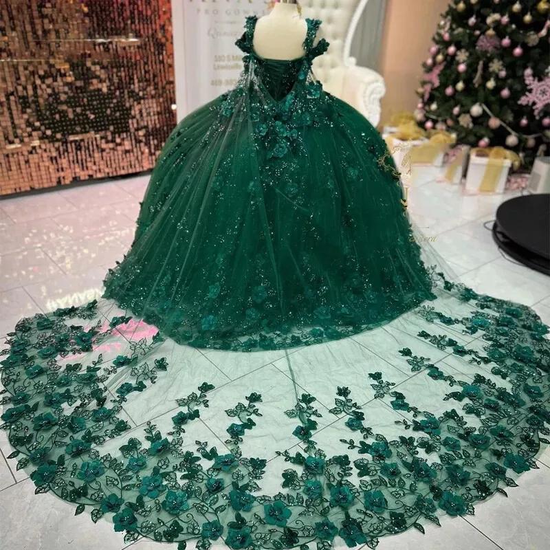 Luxury Ball Gown Off Shoulder 3D Flower Appliques Beaded Emerald Green Tulle Quinceanera Dress For Sweet 16 Wedding Party Gown