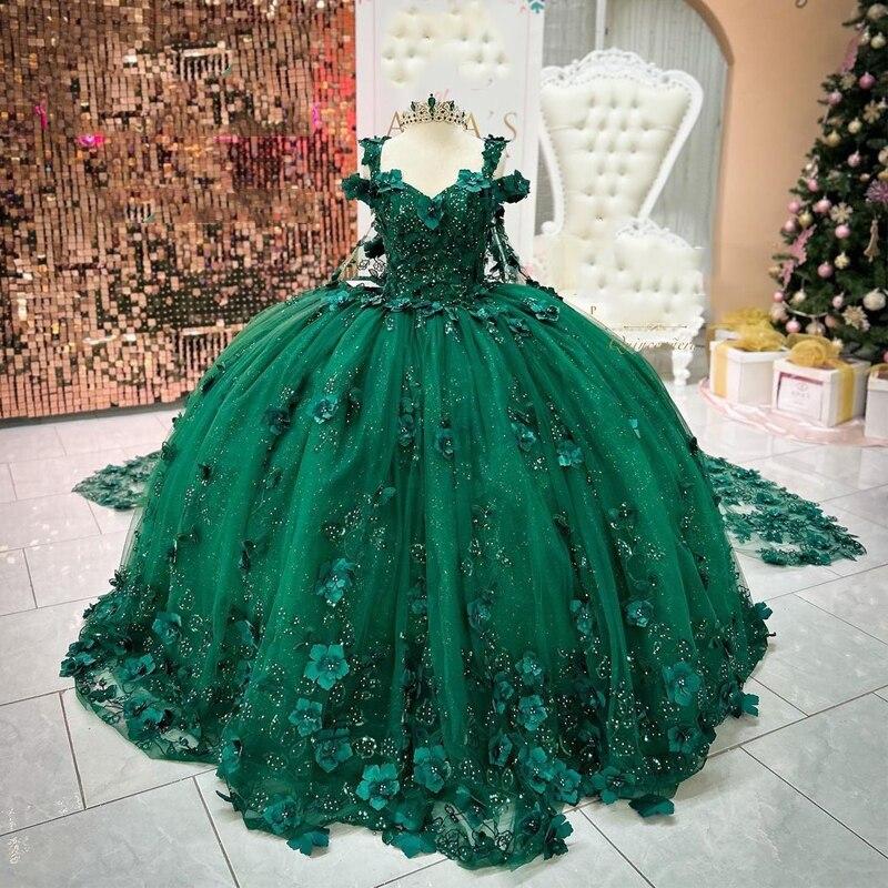 Luxury Ball Gown Off Shoulder 3D Flower Appliques Beaded Emerald Green Tulle Quinceanera Dress For Sweet 16 Wedding Party Gown