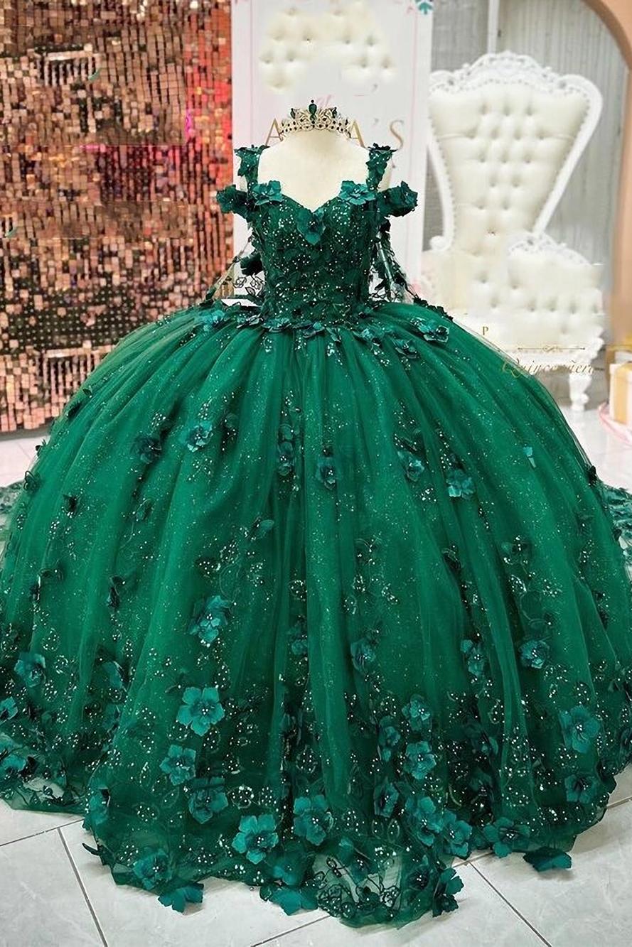 Luxury Ball Gown Off Shoulder 3D Flower Appliques Beaded Emerald Green Tulle Quinceanera Dress For Sweet 16 Wedding Party Gown