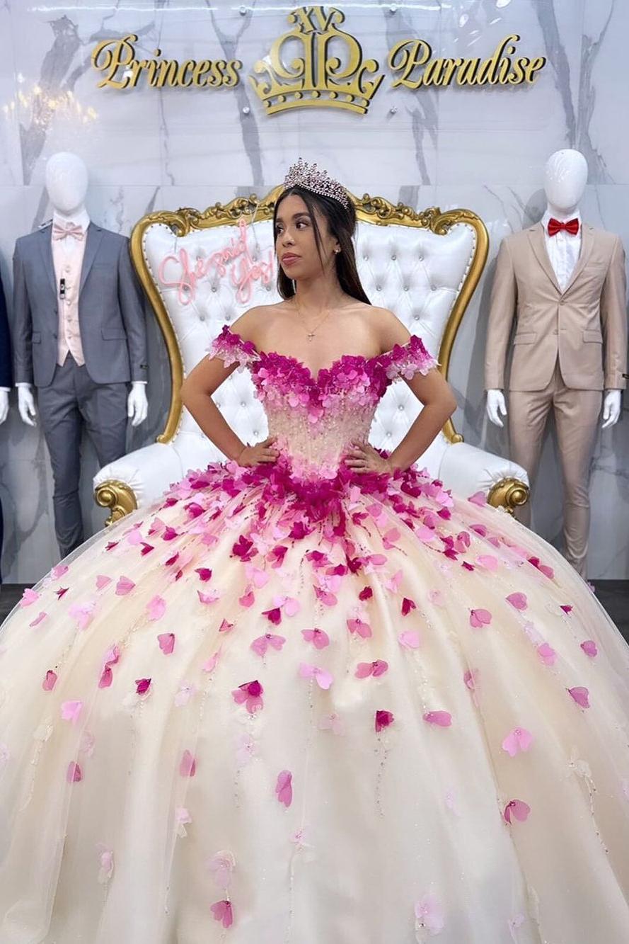 Luxury Ball Gown Off Shoulder Flowers Appliques Beaded Tulle Quinceanera Dress For Sweet 16