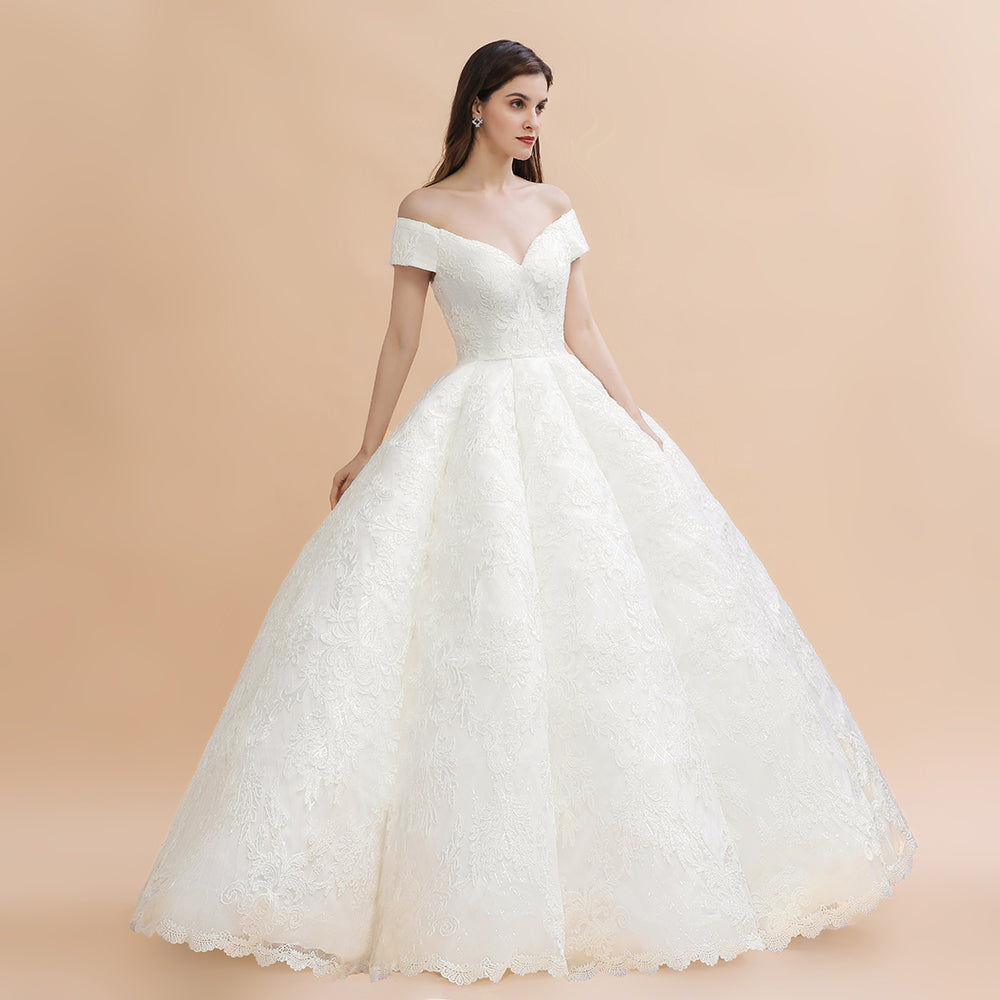 Luxury Ball Gown Off-the-Shoulder Sweetheart Wedding Dress | Sleeveless Lace Satin Bridal Gowns