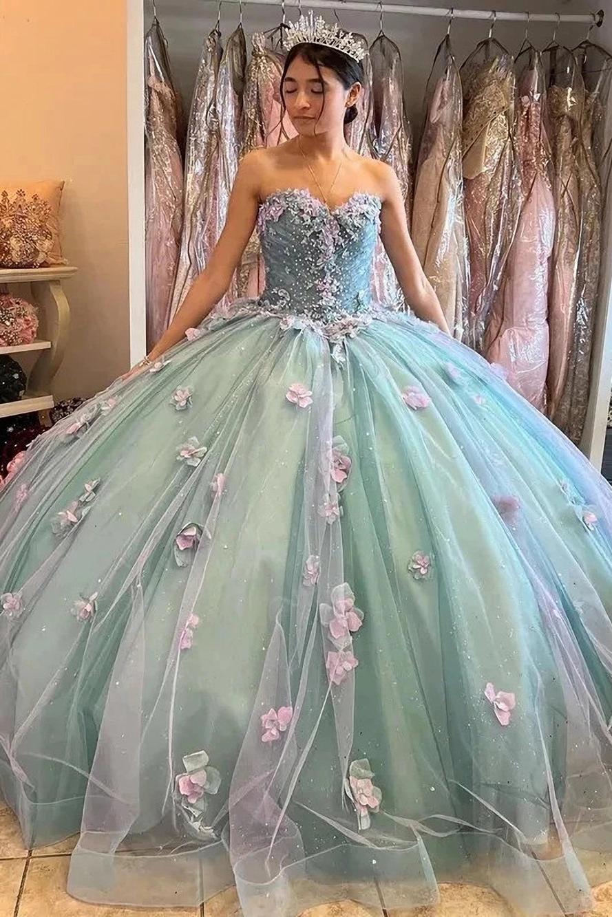 Luxury Ball Gown Strapless Sleeveless 3D Flower Appliques Bow Knot Tulle Quinceanera Dress For Sweet 16