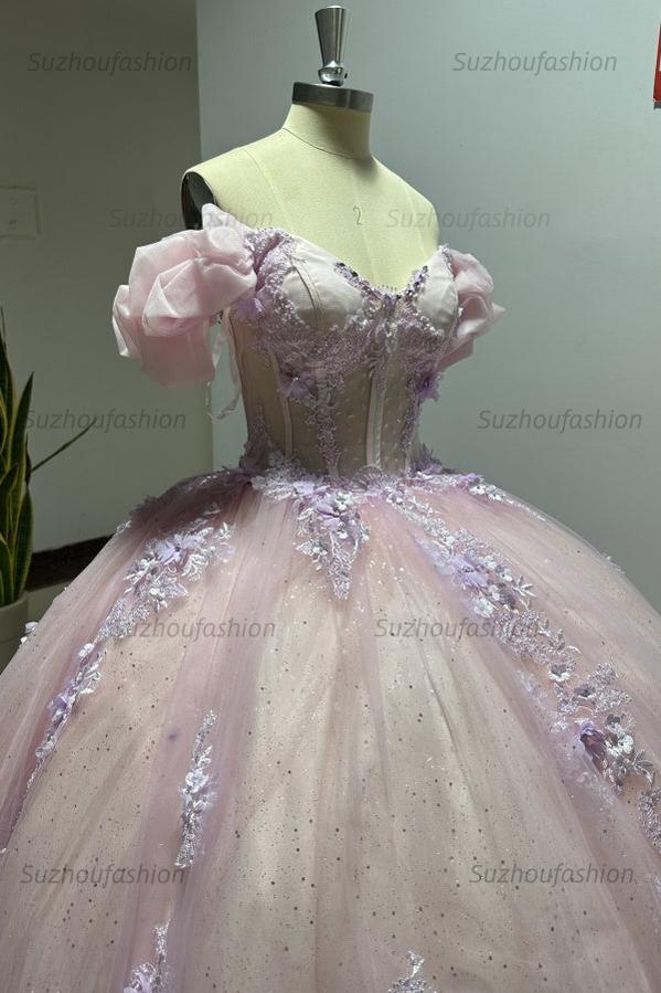 Luxury Ball Gown Sweetheart Neck Puff Sleeves Lace Appliques Beaded Pink Tulle Princess Evening Party Gowns Quinceanera Dress For Sweet 16