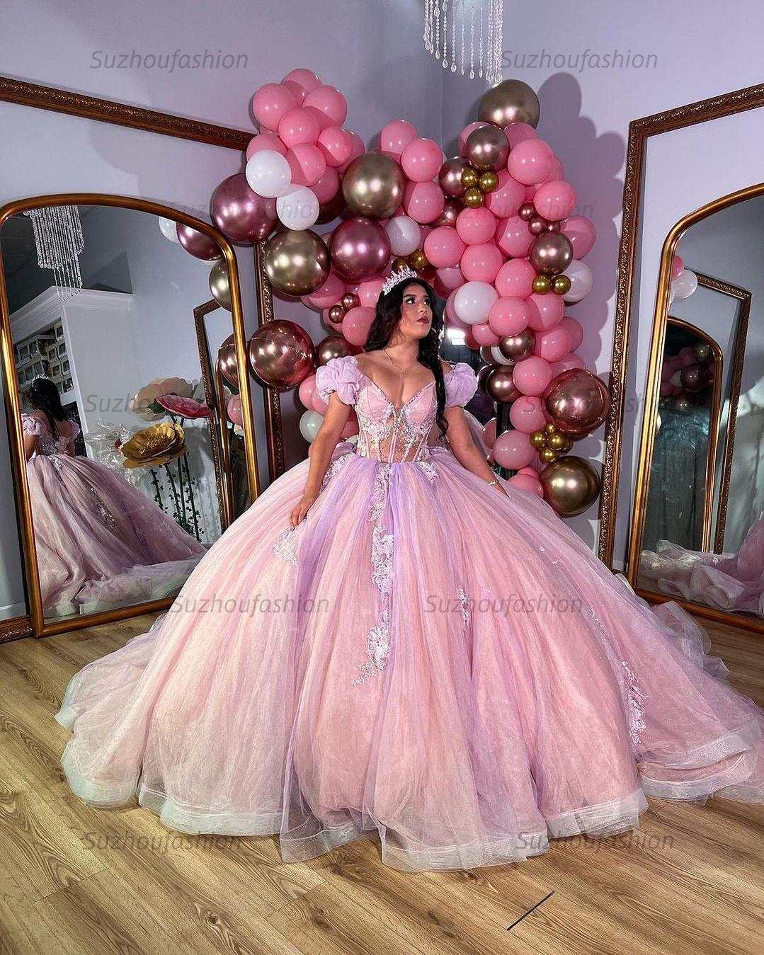 Luxury Ball Gown Sweetheart Neck Puff Sleeves Lace Appliques Beaded Pink Tulle Princess Evening Party Gowns Quinceanera Dress For Sweet 16