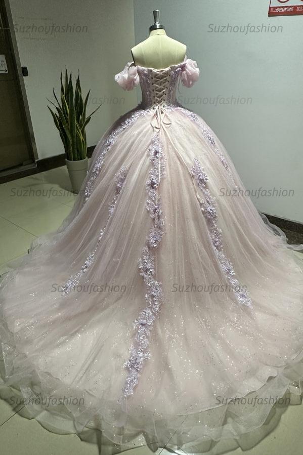 Luxury Ball Gown Sweetheart Neck Puff Sleeves Lace Appliques Beaded Pink Tulle Princess Evening Party Gowns Quinceanera Dress For Sweet 16
