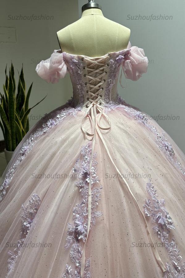 Luxury Ball Gown Sweetheart Neck Puff Sleeves Lace Appliques Beaded Pink Tulle Princess Evening Party Gowns Quinceanera Dress For Sweet 16