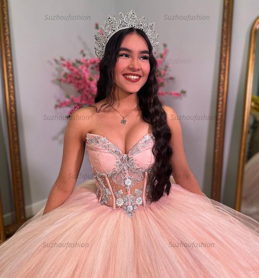 Luxury & Elegant Ball Gown Strapless Lace Appliques Beaded Pink Tulle Princess Quinceanera Dress Formal Evening Party Gown For Sweet 16