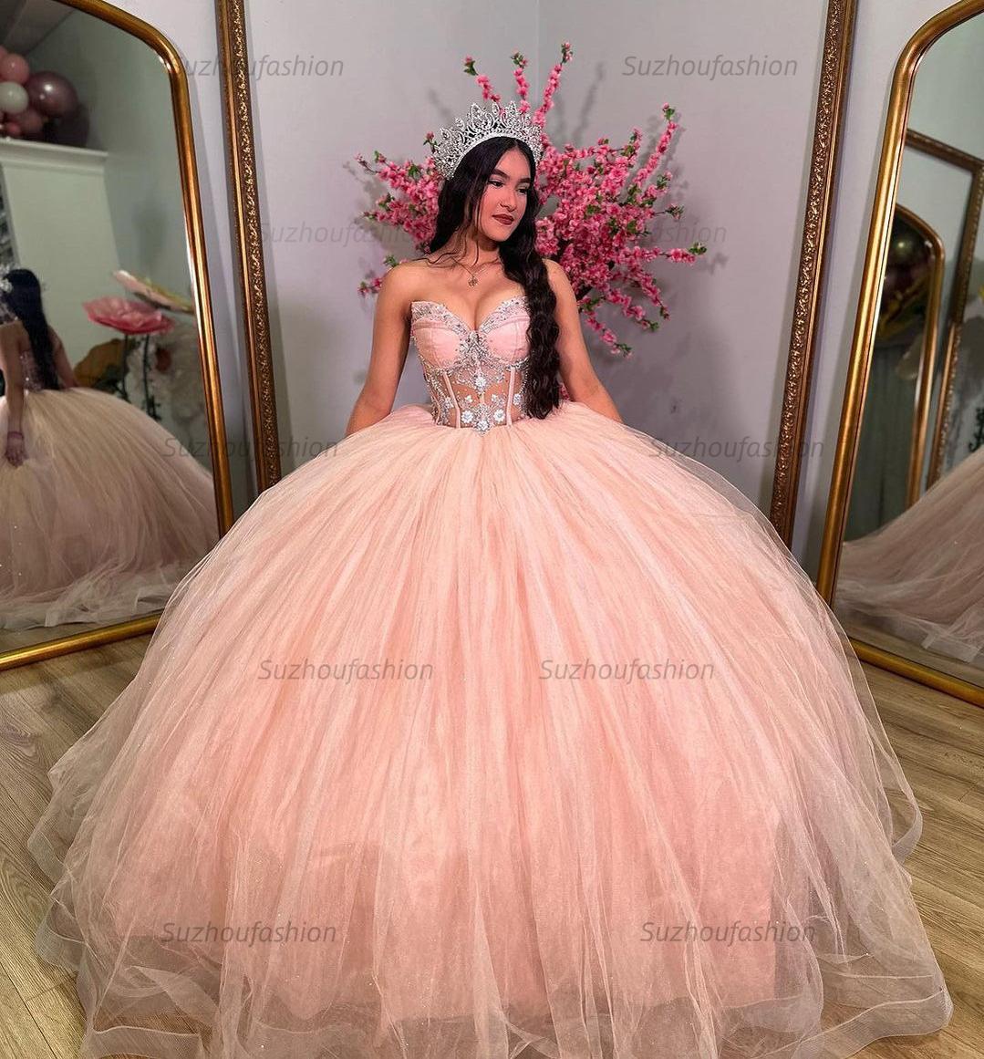 Luxury & Elegant Ball Gown Strapless Lace Appliques Beaded Pink Tulle Princess Quinceanera Dress Formal Evening Party Gown For Sweet 16