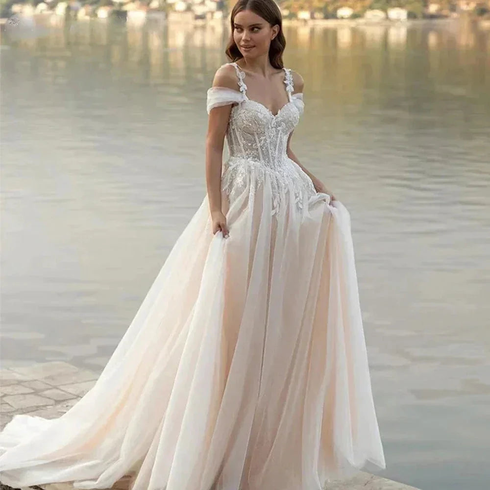 Luxury Off Shoulder Sleeveless Sexy Lace Mopping Beautiful Wedding Dresses Boho Backless Charming Simple Bridal Gowns New 2023 (ZD14223)