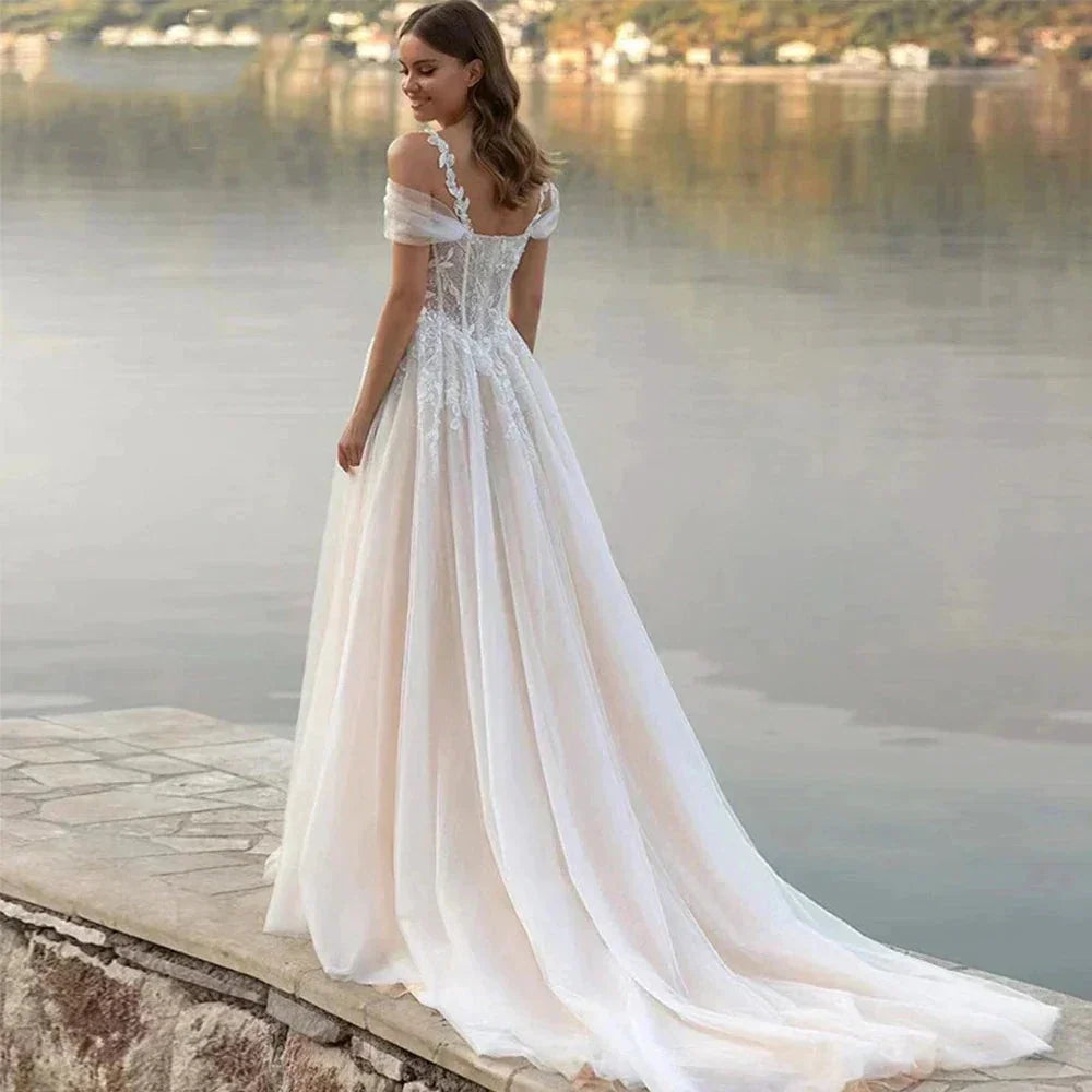 Luxury Off Shoulder Sleeveless Sexy Lace Mopping Beautiful Wedding Dresses Boho Backless Charming Simple Bridal Gowns New 2023 (ZD14223)