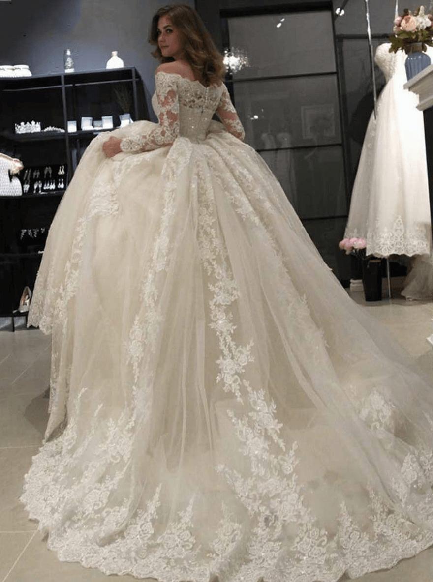 Luxury Off The Shoulder Tulle White Lace Appliques Ball Gown Wedding Dresses