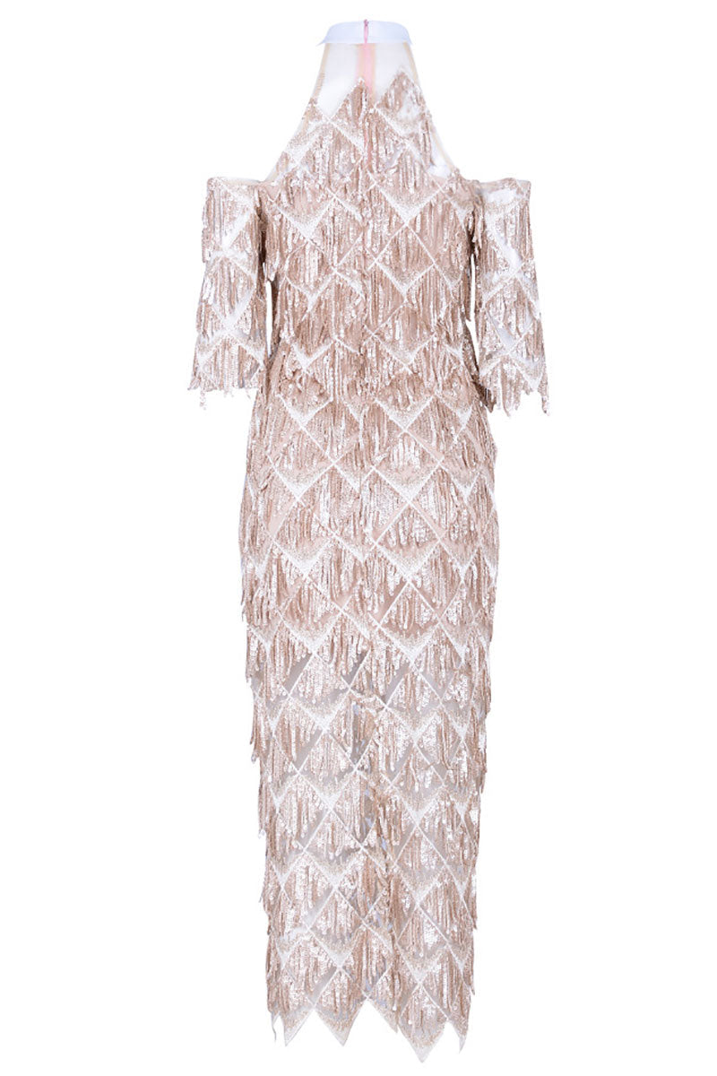 Champagne Sequin High Neckline Prom Dress With Sleeves - Fashionpara