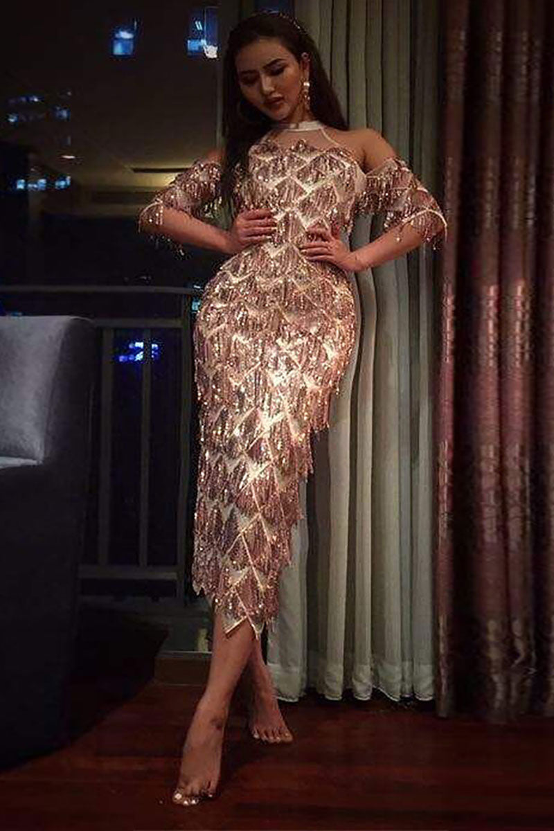 Champagne Sequin High Neckline Prom Dress With Sleeves - Fashionpara