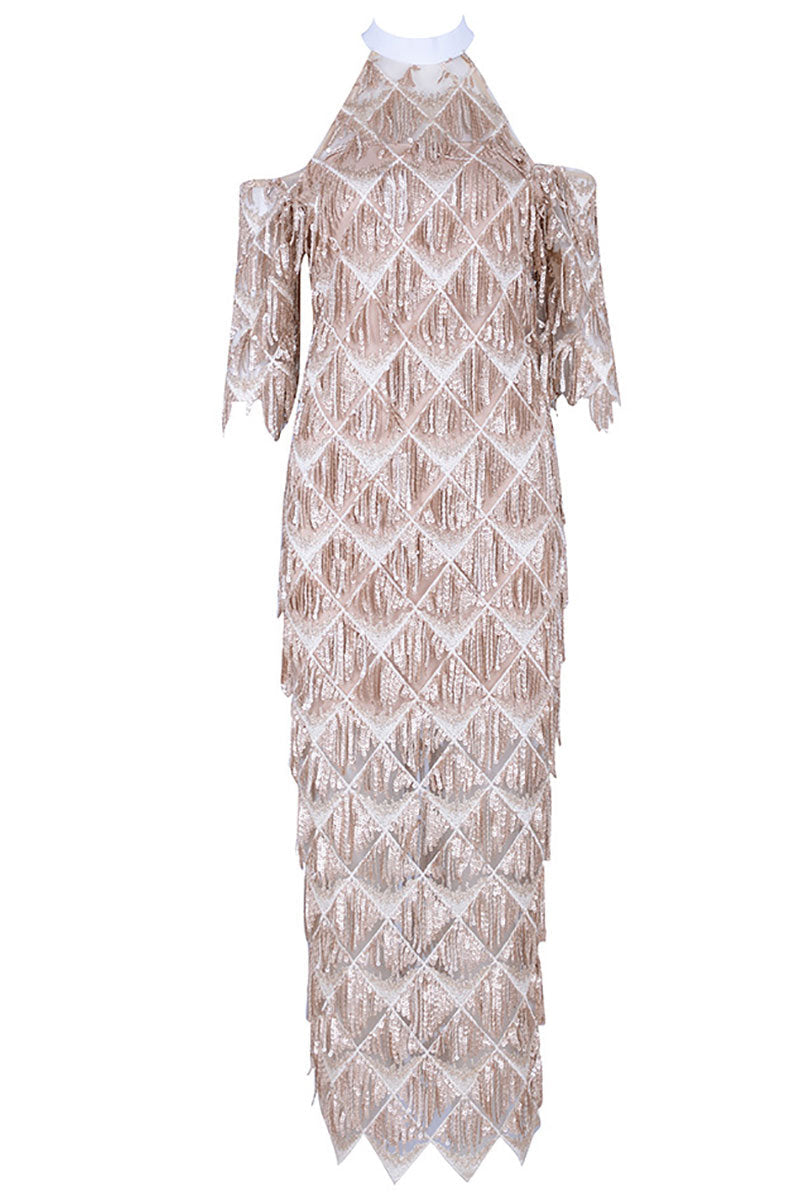 Champagne Sequin High Neckline Prom Dress With Sleeves - Fashionpara