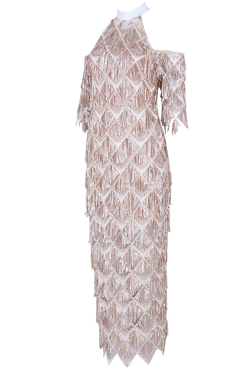 Champagne Sequin High Neckline Prom Dress With Sleeves - Fashionpara