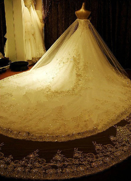 Luxury Strapless Tulle Lace Beading A-Line Wedding Dresses Long