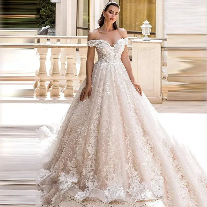 Luxury Sweetheart Ball Gown Wedding Dresses Lace Appliques Off the Shoulder Vestido Novia Backless Custom Plus Size Bride Dress (ZD14111) - VelvetHem