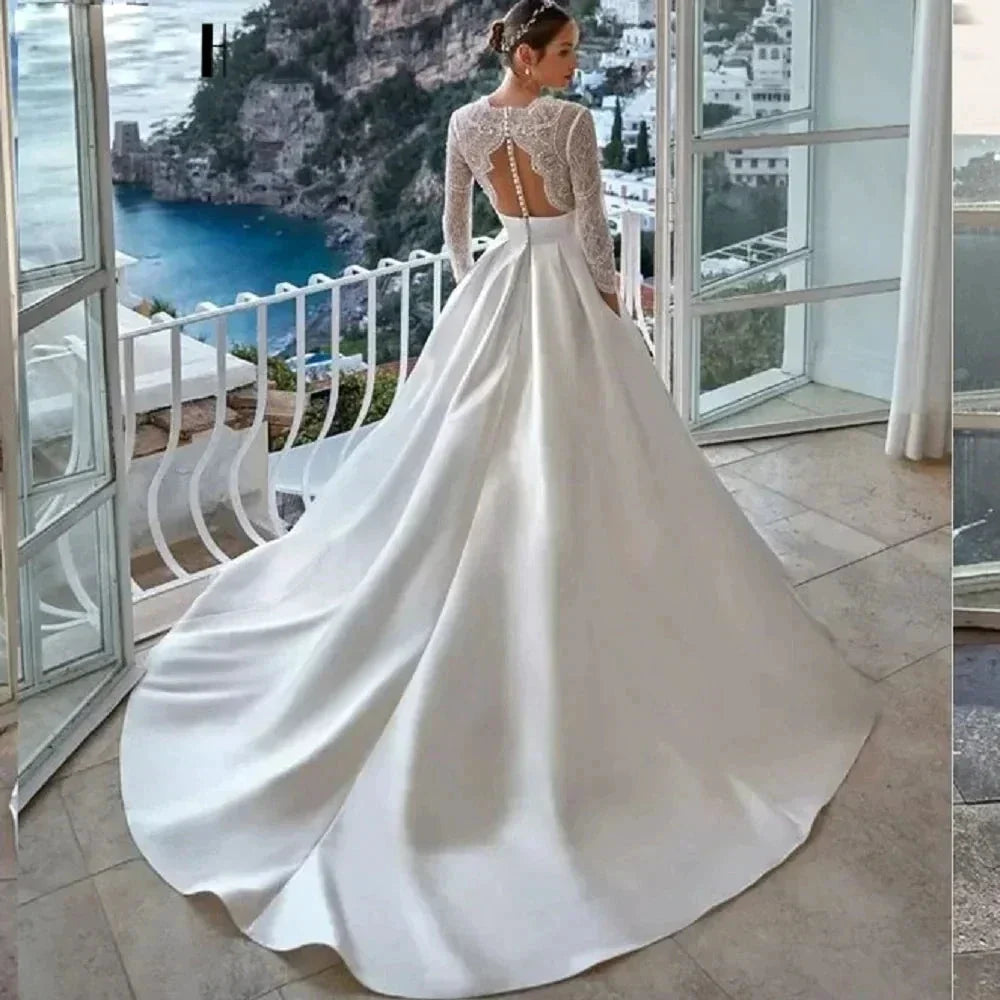 Luxury Wedding Dress For Women 2024 Modern V-neck Full Sleeves Illusion Tulle Bridal Gown A-Line Button Backless Robe (ZD13547)