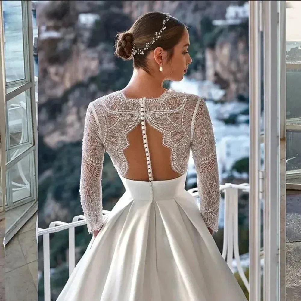 Luxury Wedding Dress For Women 2024 Modern V-neck Full Sleeves Illusion Tulle Bridal Gown A-Line Button Backless Robe (ZD13547)