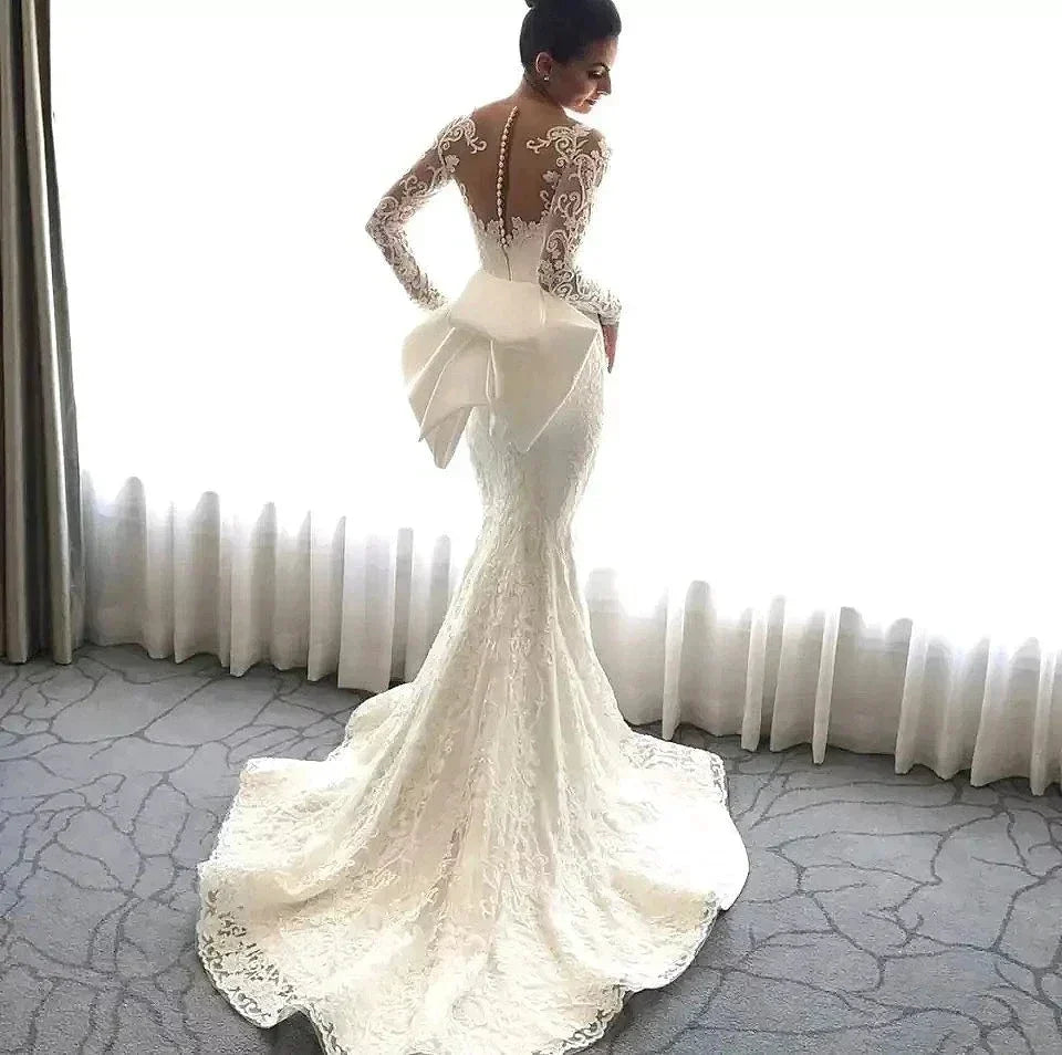 Luxury Women's Lace Wedding Dresses Detachable 2-Piece Set Gorgeous Decal Mermaid Long Sleeve Princess Formal Beach Bride Gowns (ZD13318) - View 3 | VelvetHem