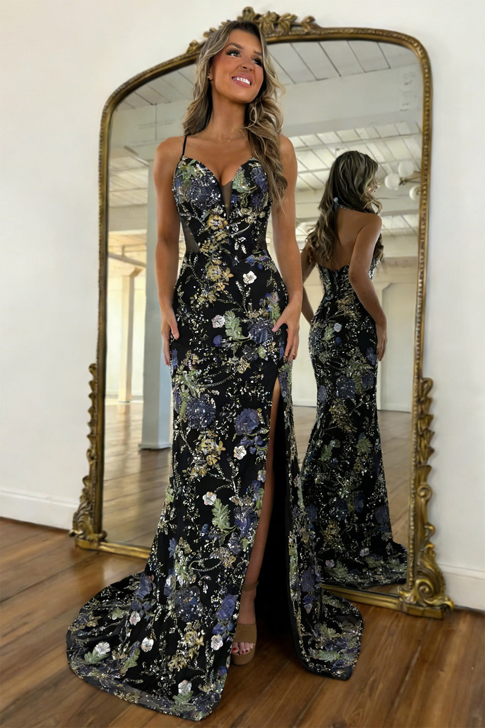 Fashionable Mermaid Spaghetti Straps  Black Floral Lace Up Sequin Prom Dress