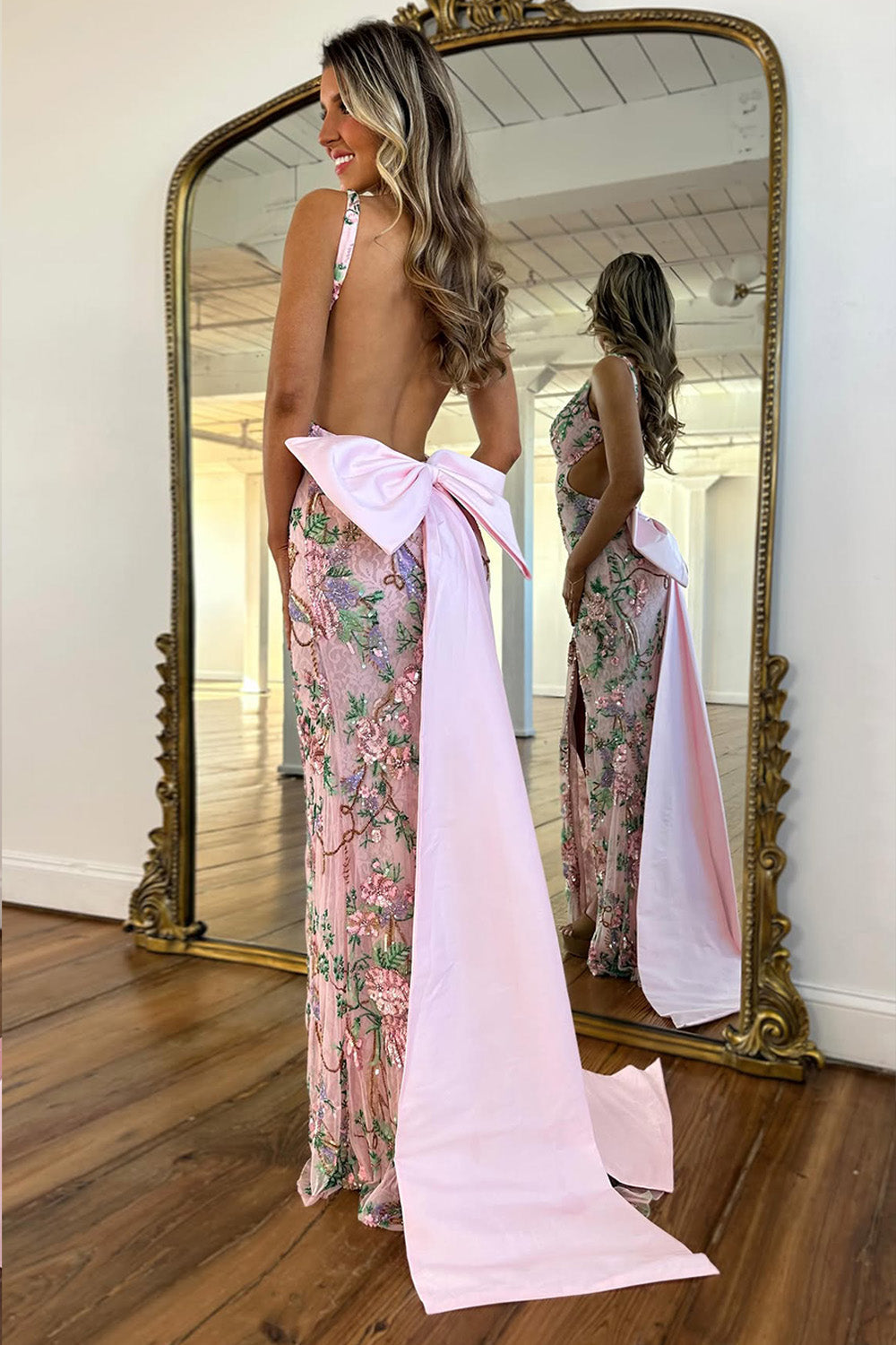 Hot Mermaid Deep V Neck Pink Long Prom Dress with Embroidery Bowknot