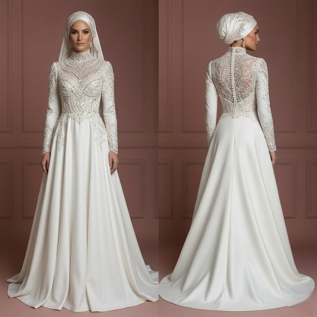 Luxury Couture Hijab Bridal Gown Designer Modest Style Wedding Dress Muslim