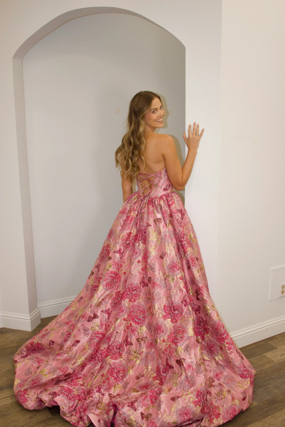 Charming A Line Strapless Pink Floral Prom Ball Gown with Printed