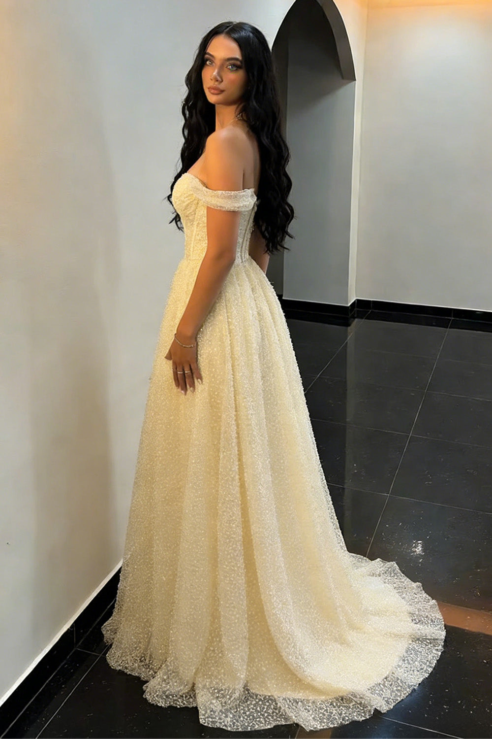 Pretty A Line Off Shoulder Light Yellow Prom Gown with Glitter Pearls Tulle Skirt