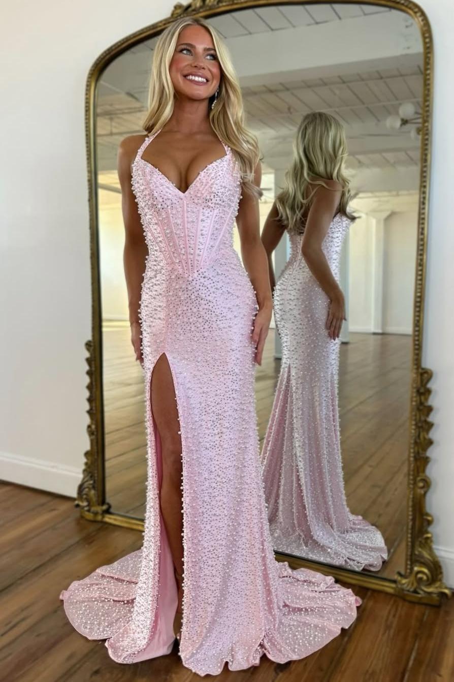 Luxury Mermaid Halter Neck Aqua Corset Prom Dress with Pearls and Slit
