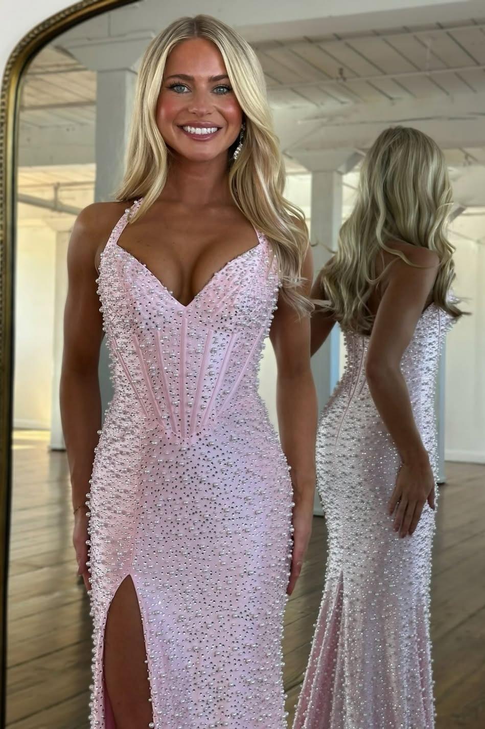 Luxury Mermaid Halter Neck Aqua Corset Prom Dress with Pearls and Slit