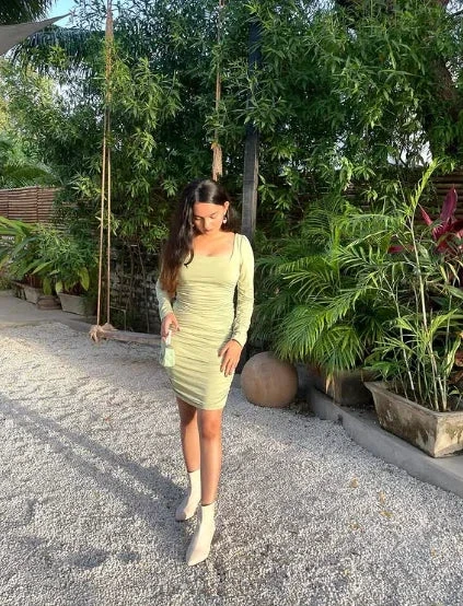 Cute Sage Green Short Homecoming Dress with Long Sleeves Sexy Party Dress (ZD12374)