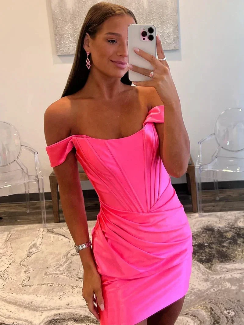 Sheath Off the Shoulder Short Satin Homecoming Dress (ZD11825)