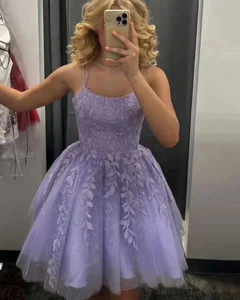 A Line Purple Lace Short Homecoming Dresses Backless Party Dress Y2107 by simplepromdress