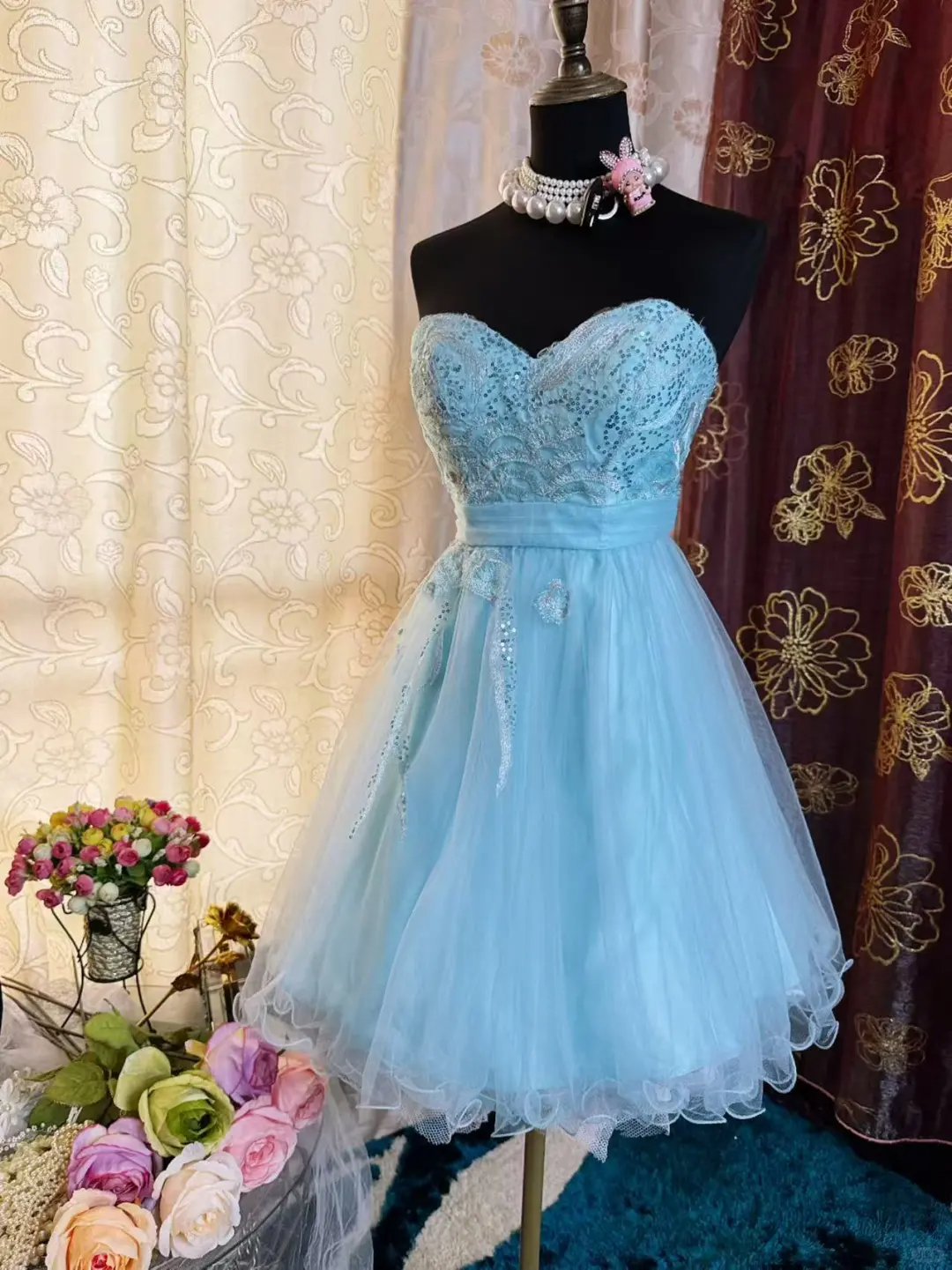 Cute Strapless Light Blue Tulle Appliques A Line Short Graduation Homecoming Dress 20th Birthday Outfits D726