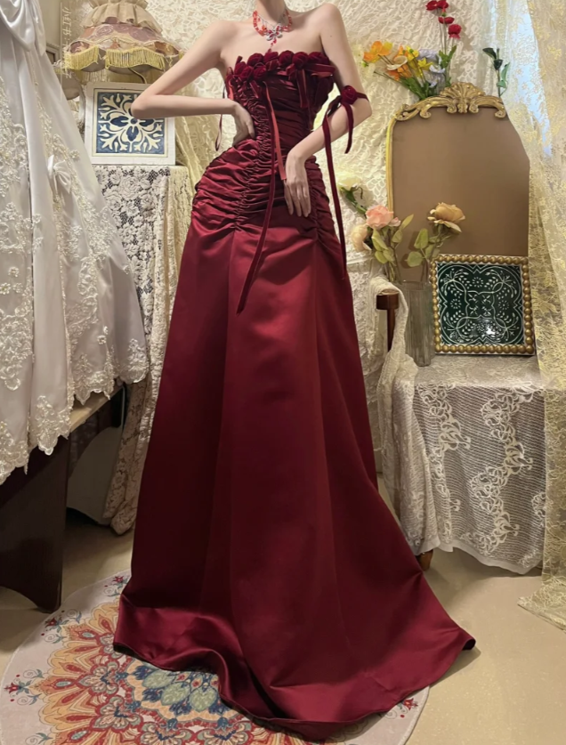 Pretty Strapless Burgundy Satin Pleated Mermaid Party Dress Long Wedding Guest Dress With 3D Flowers - FashionDia