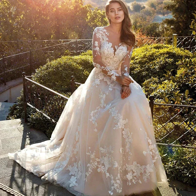 Elegant Lace A-line Wedding Dress Full Sleeves Court Train O-neck Buttons Vestido De Novia Bridal Gown Custom Made (ZD13552)