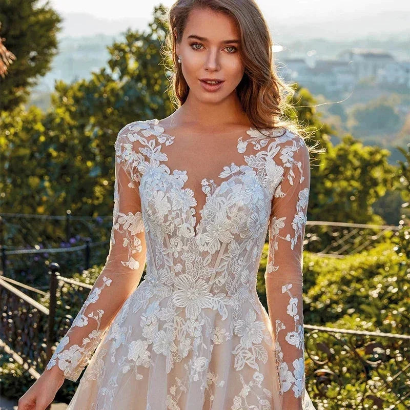Elegant Lace A-line Wedding Dress Full Sleeves Court Train O-neck Buttons Vestido De Novia Bridal Gown Custom Made (ZD13552)