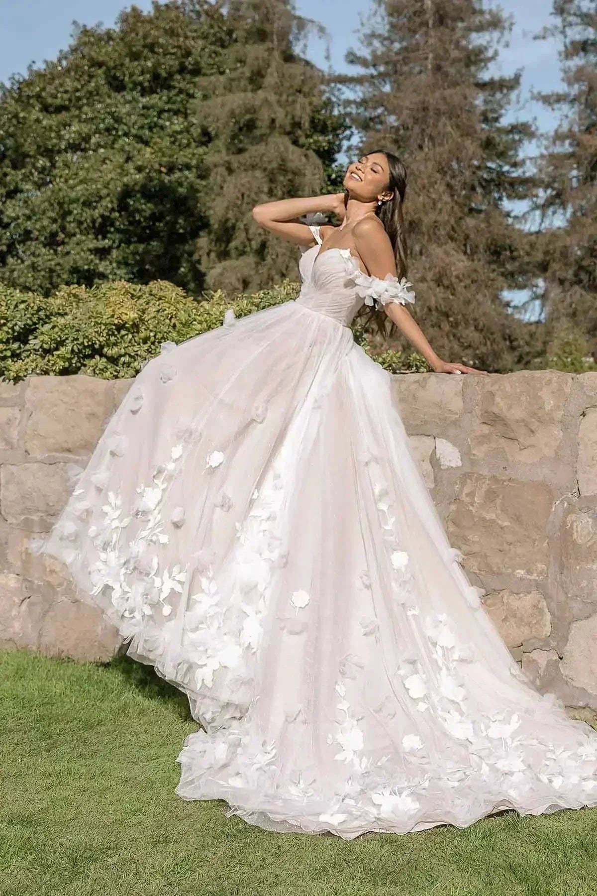 Whimsical Tulle Ballgown Wedding Dress With 3D Flowers And Off the Shoulder Straps Sweetheart  Custom Made For Women (ZD13554)