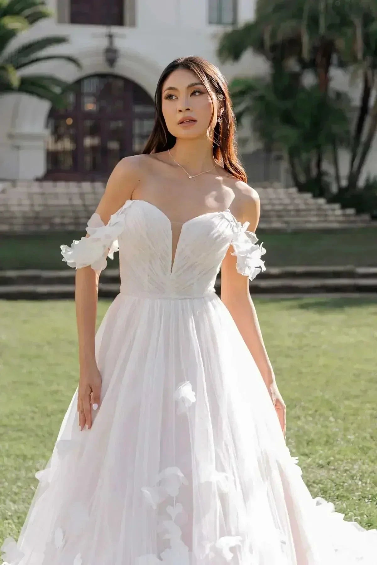 Whimsical Tulle Ballgown Wedding Dress With 3D Flowers And Off the Shoulder Straps Sweetheart  Custom Made For Women (ZD13554)