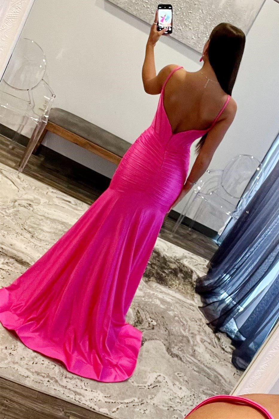 Mermaid Scoop Neck Satin Prom Dress with Slit - View 4 | VelvetHem