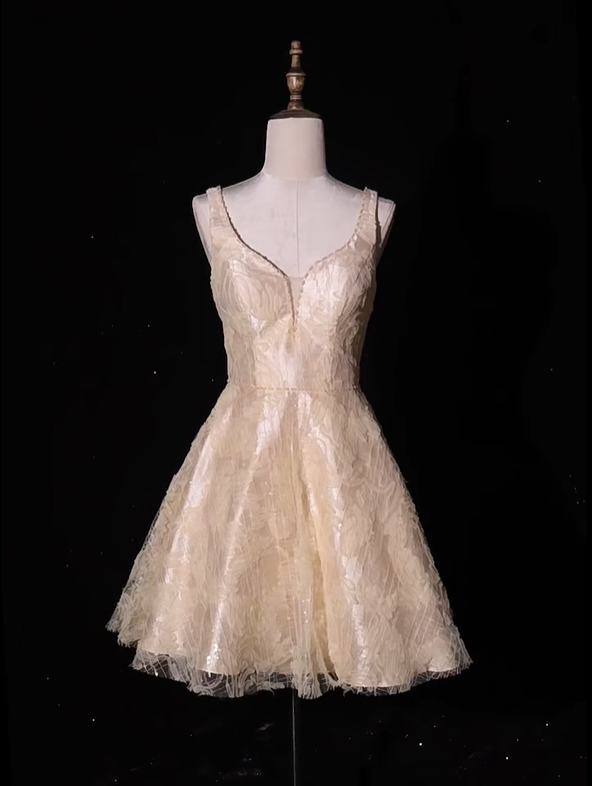 Gorgeous Champagne V-Neck Sleeveless Short Party Dress A-Line Formal 8th Grade Homecoming Dress - FashionDia