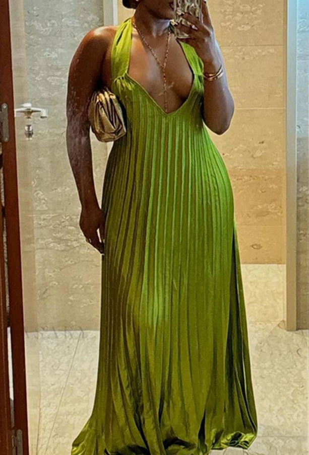 Unique Halter V Neck Pleated Floor Length Green Prom Dress,Party Evening Dress