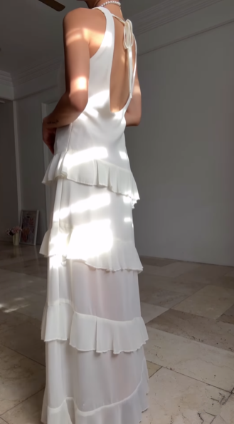 Simple White V Neck Chiffon Ruffle Prom Dress Backless Long Evening Dress Y8500 - View 4 | VelvetHem